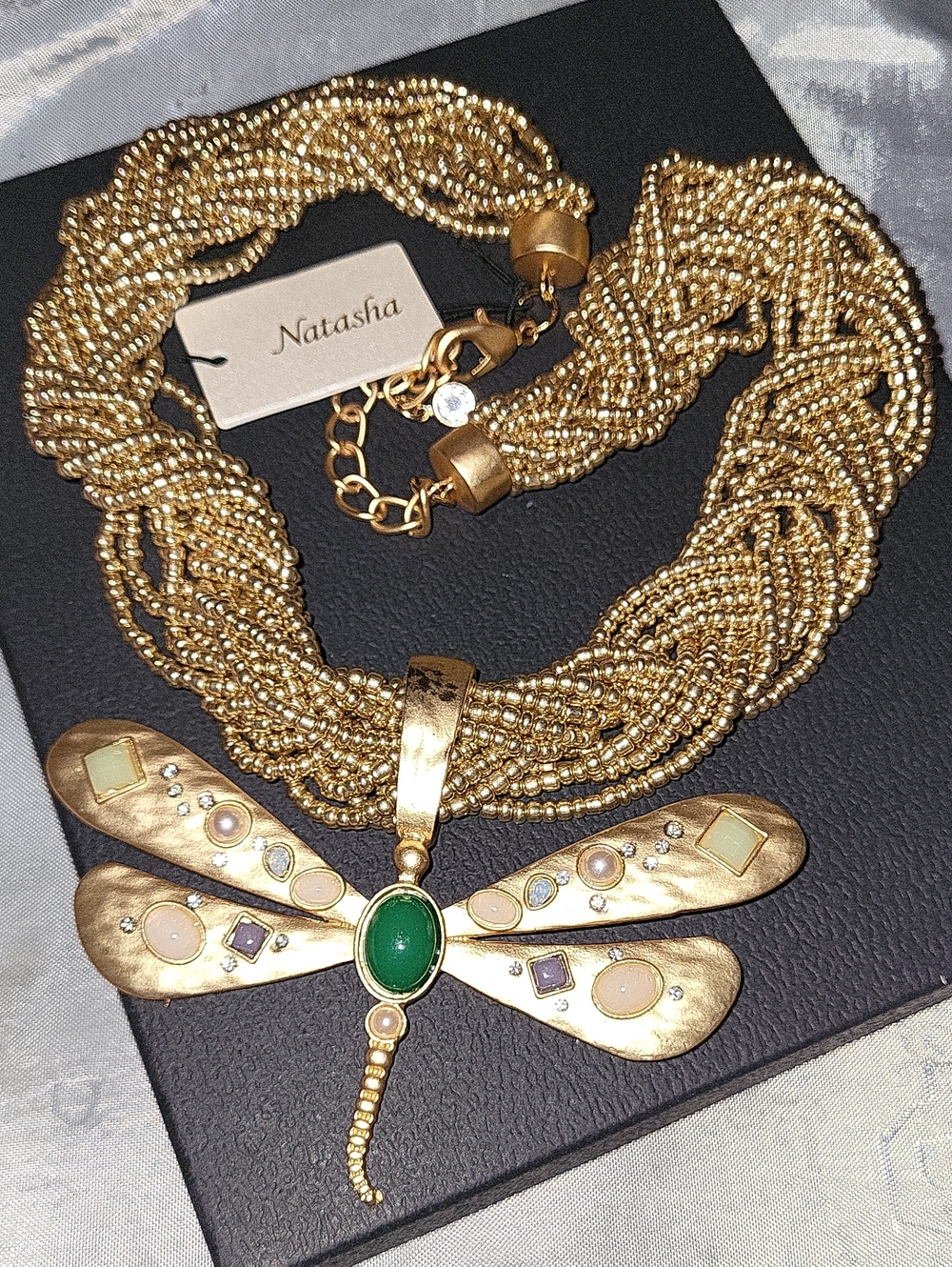 Natasha Couture Gold-Tone Dragonfly Pendant Necklace with Green Accent Ti